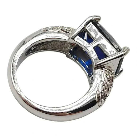 Square Shape Blue Faceted Crystal Victorian Style Ring Silver Tone Vintage Size6 - Picture 6 of 6